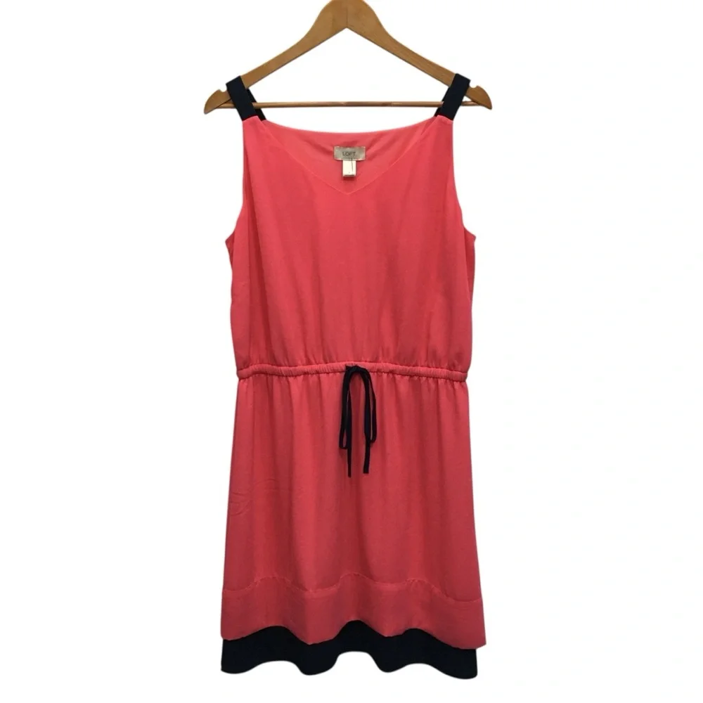 NWT L Ann Taylor LOFT Pink Navy Blue Drawstring Summer Dress - Women Large - Picture 6 of 12